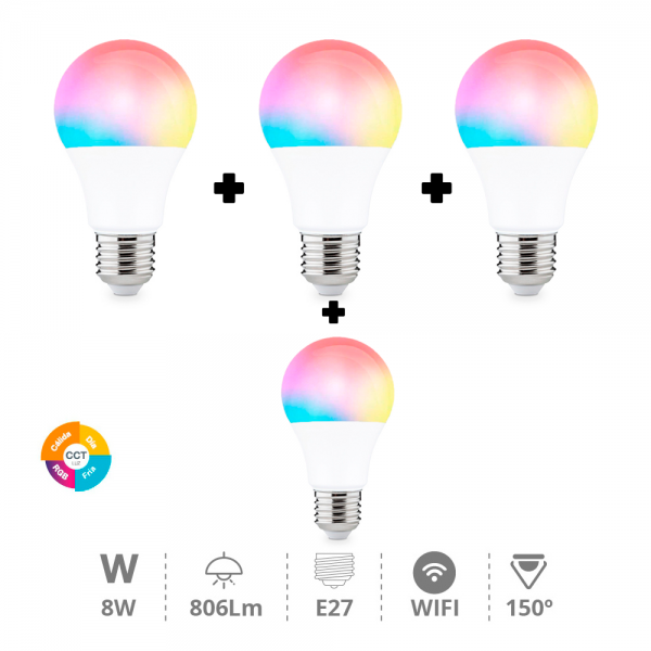 Pack 4 bombillas wifi con RGB y blancos E27